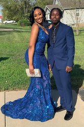 Vestido de fiesta largo de sirena con tirantes finos y encaje sin mangas de diseñador